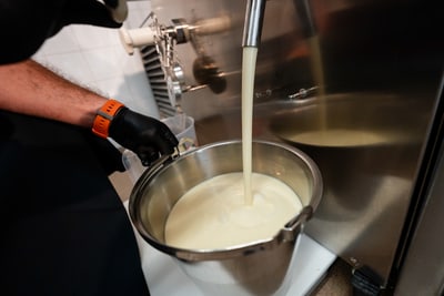 Frische Milch läuft aus der Maschine in einen Edelstahlkessel